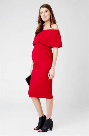 SOIREE OFF SHOULDER DRESS IRON RED