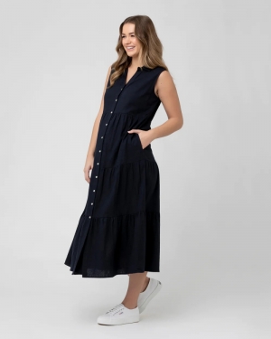 TRACY TIERED LINEN DRESS NAVY