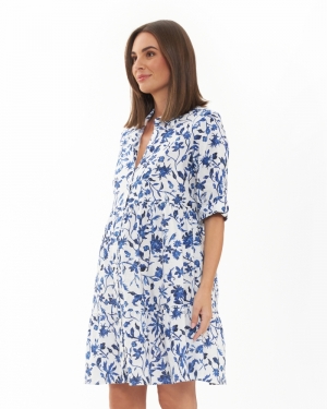 BELLA LINEN DRESS WHITE/LAPIS