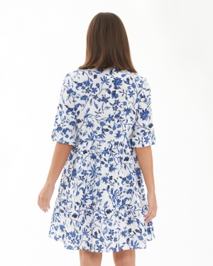 BELLA LINEN DRESS WHITE/LAPIS