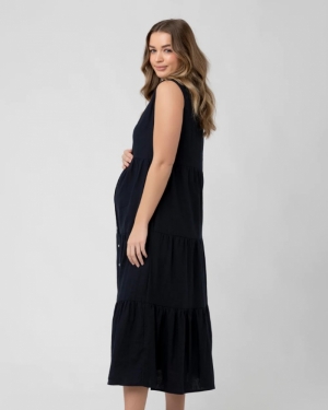 TRACY TIERED LINEN DRESS NAVY