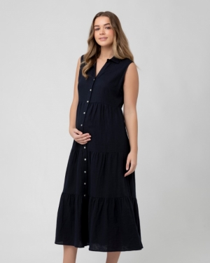 TRACY TIERED LINEN DRESS NAVY