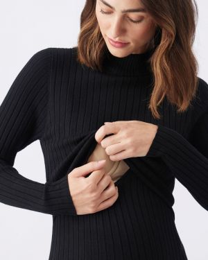 NELLA RIB NURSING KNIT DRESS BLACK