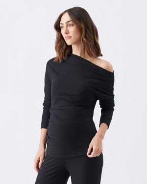 OFF SHOULDER RIB TOP BLACK