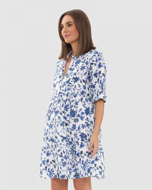 BELLA LINEN DRESS WHITE/LAPIS