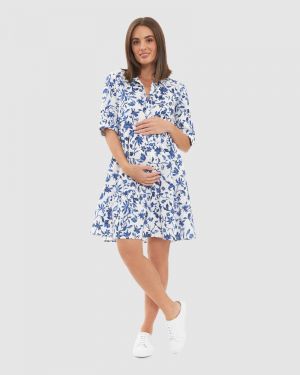 BELLA LINEN DRESS WHITE/LAPIS
