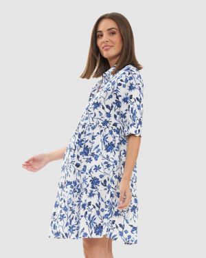 BELLA LINEN DRESS WHITE/LAPIS