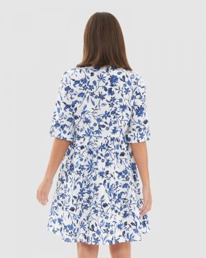 BELLA LINEN DRESS WHITE/LAPIS