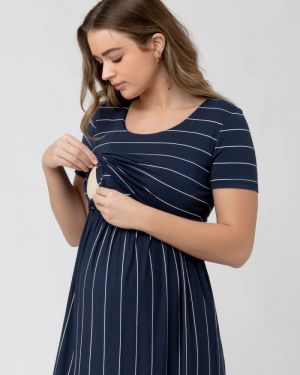 CROP TOP NURSING DRESS INDIGO/WHITE