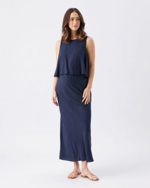 LENA LINEN NURSING DRESS NAVY