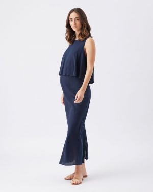 LENA LINEN NURSING DRESS NAVY