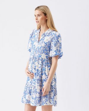 NAHLA LINEN DRESS ROYAL/WHITE