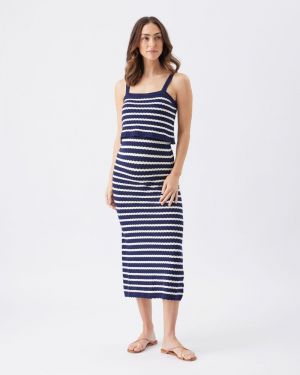 POINTELLE KNIT NURSING DRESS NAVY/WHITE